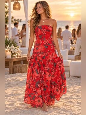 DRESS FORUM Red Floral Strapless Drop Waist Maxi Dress M